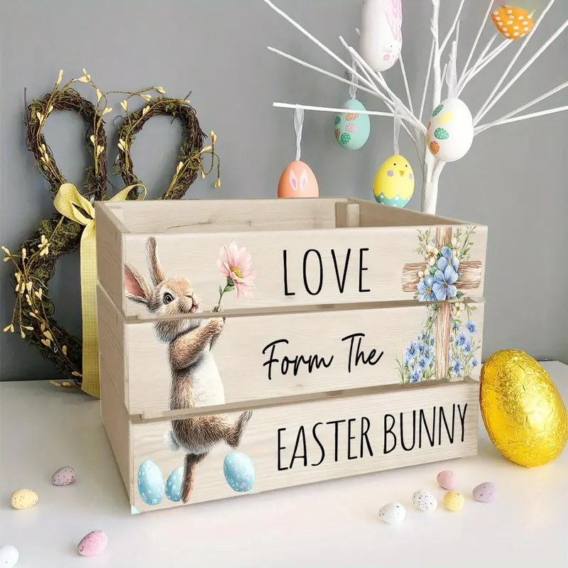Easter Bunny Pattern Wooden Storage Box, Creative Easter Egg Storage Box, Home Organizer for Living Room Bedroom, Easter Gifts 0