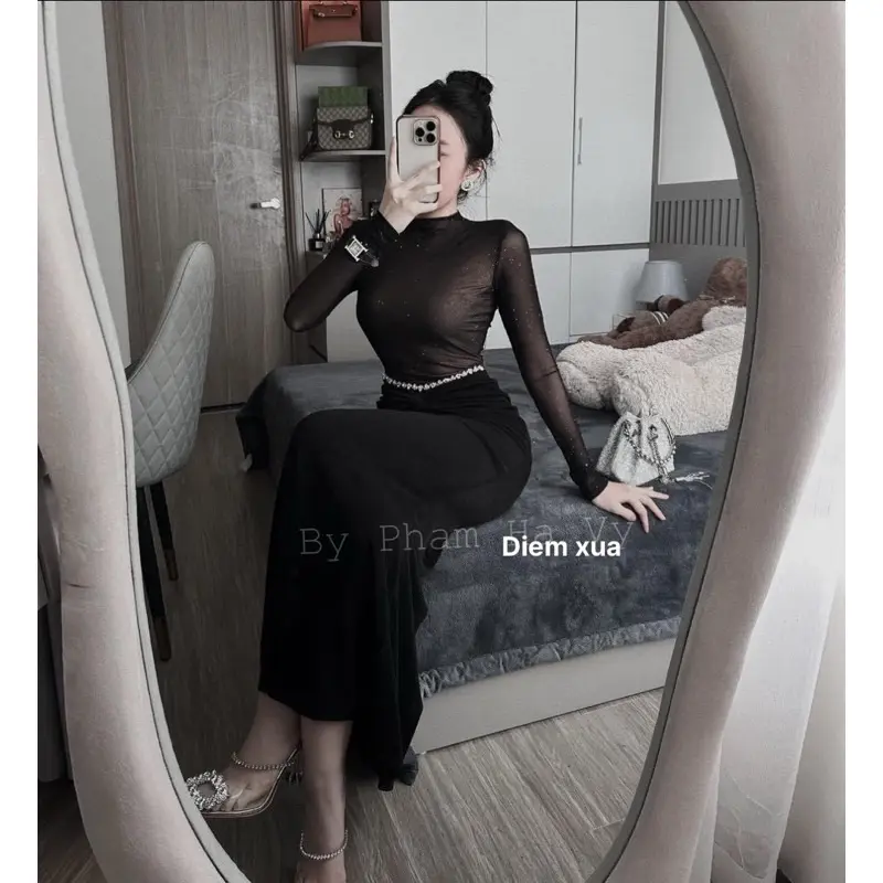 ĐẦM ĐUÔI CÁ NGỌC ĐÍNH EO TAY DÀI ĐÁ LẤP LÁNH Nữ Women