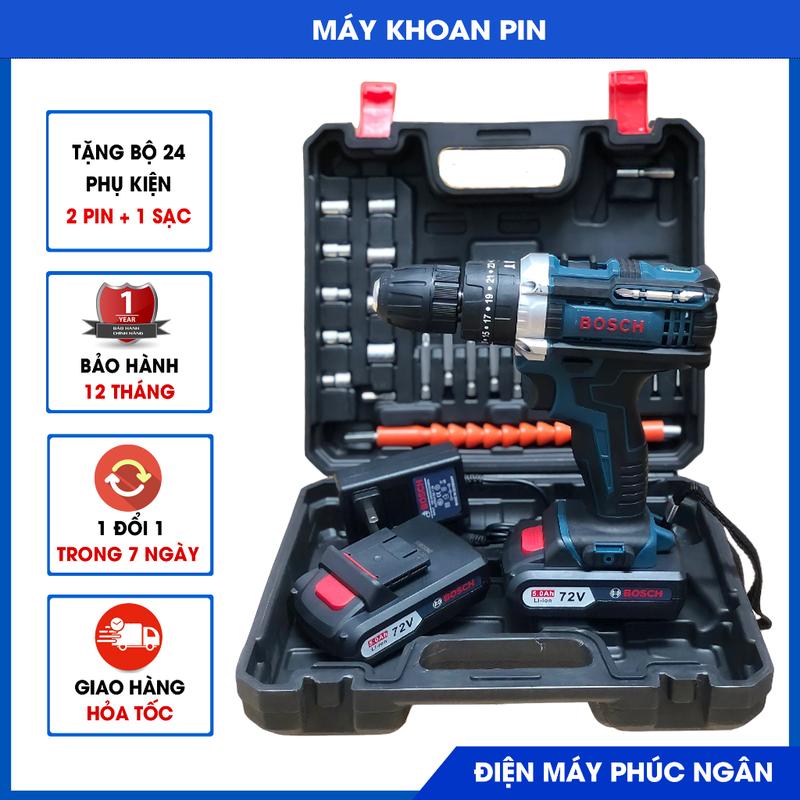 Máy khoan pin, Máy bắn vít Bos.ch 72v có búa 3 chức năng, Tặng bộ  phụ kiện 24 chi tiết
