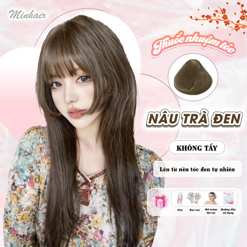 Thuốc nhuộm tóc Nâu Trà Đen không cần tẩy, tặng kèm oxi trợ dưỡng và bao tay, bịt tai, trùm đầu, Minhair Đổi Màu Tóc  Nữ Women