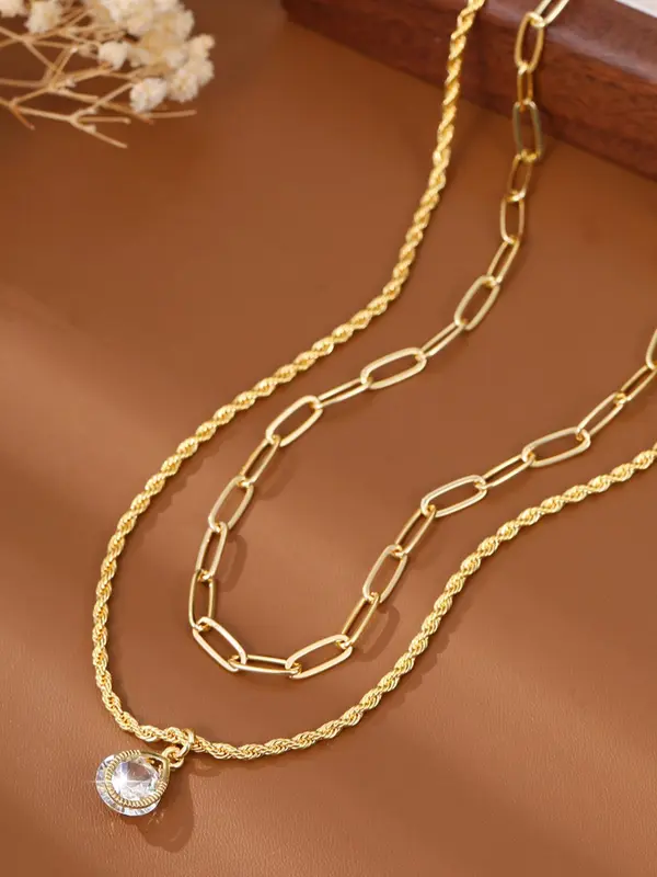 Women's Elegant Water Drop Shaped Pendant Necklace & Twist Design Rope Chain Necklace, Exquisite Trendy Artificial Zircon Pendant Necklace, Chic Jewelry Set As Gift for Girlfriend 3