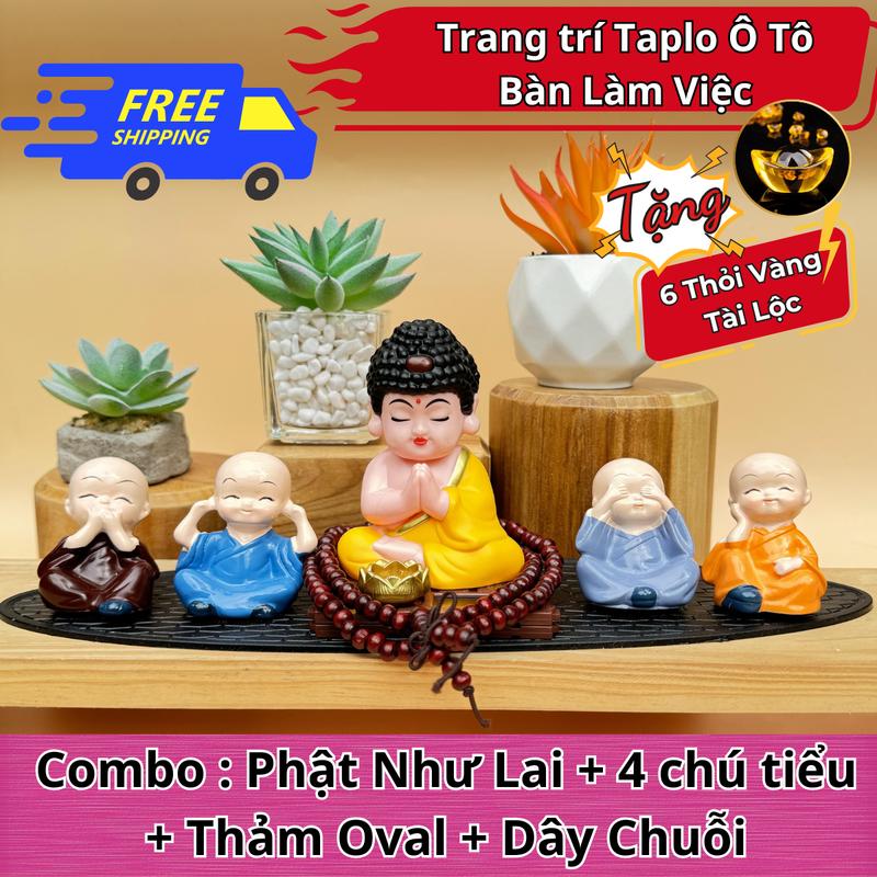 Combo Tượng Như Lai và 4 Chú Tiểu trang trí Taplo xe ô tô, bàn làm việc, decor nội thất trong phòng