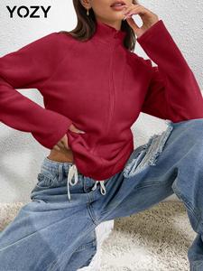 YOZY Women's Solid Color Raglan Sleeve Zip Up Fleece Coat, Casual Long Sleeve Stand Collar Outerwear for Fall & Winter, Women's Clothes for Daily Wear