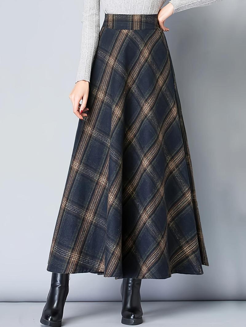 Product Introduction of Women's Plaid Print Pocket High Waist Skirt, Casual Fashion Long Skirt for Daily Outdoor Wear, Women's Bottoms for Spring & Fall 3