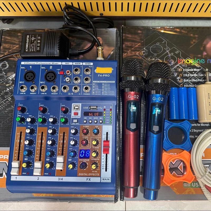 Bộ combo năng cấp tất cả các loại loa kéo và Ampli karaoke gia đình Mixer F4 Pro + Micro G02 xài pin sạc Năng tiếng khuếch đại âm thanh