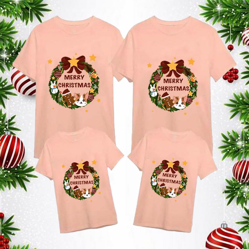 Product Introduction of Merry Christmas Design Pattern Family Short Sleeve Shirts Christmas Apricot Parent-child Clothes Xmas Kids Shirt 1