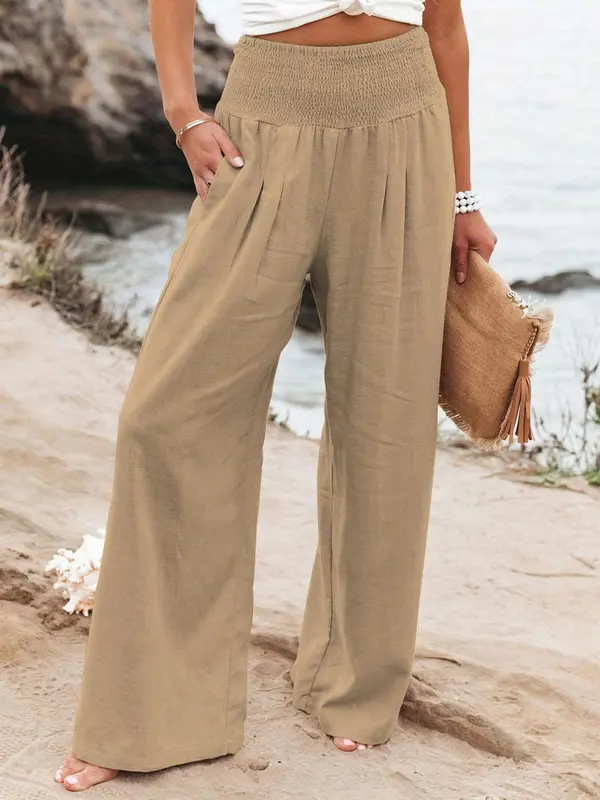 Women's Plain Pocket Shirred Wide Leg Pants, Summer Outfits 2024, Casual Comfy High Waist Straight Leg Trousers for Summer, Fashion Women's Bottoms for Daily Wear 4