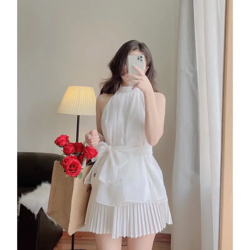Áo kiểu nữ cổ yếm cột nơ DOLARO, áo voan kiếng 2 lớp sát nách cột nơ mặc được hai kiểu kèm hình thật Kem Jean 7