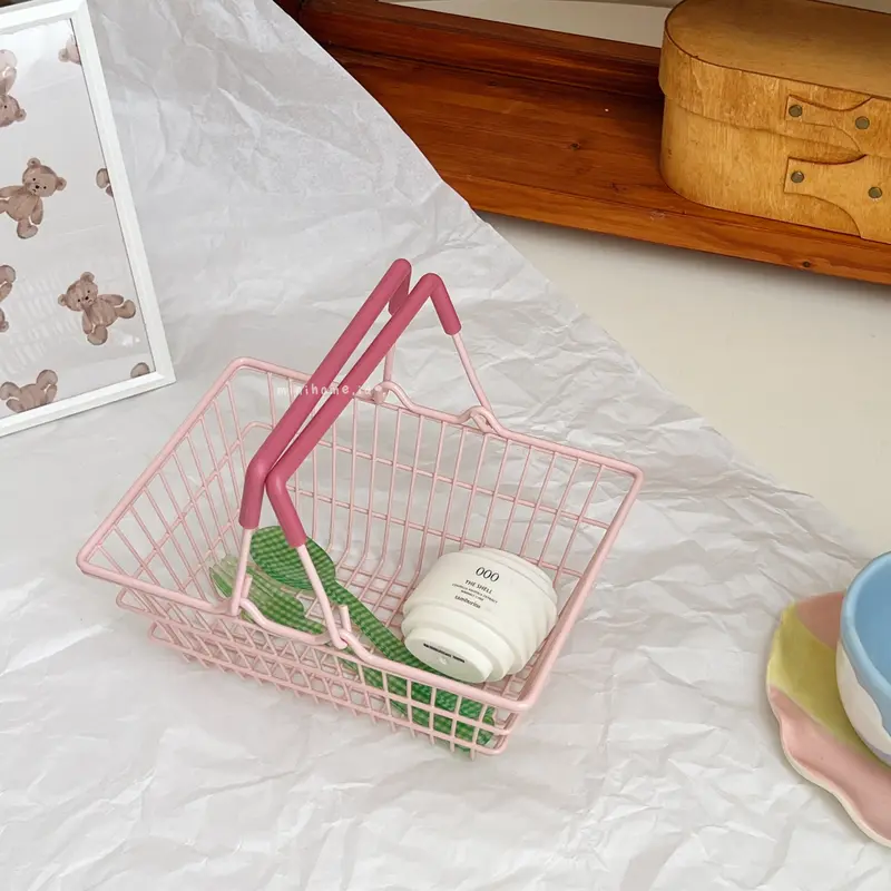 [MINIHOME] LULU Basket Keranjang Mini Trolley Aesthetic Keranjang Kecil Dekorasi Rumah Korean Home Décor Organizer Tempat Penyimpanan Minimalis Stainless Steel Korea Keranjang Buah Belanja Makeup Pink Minihome 2
