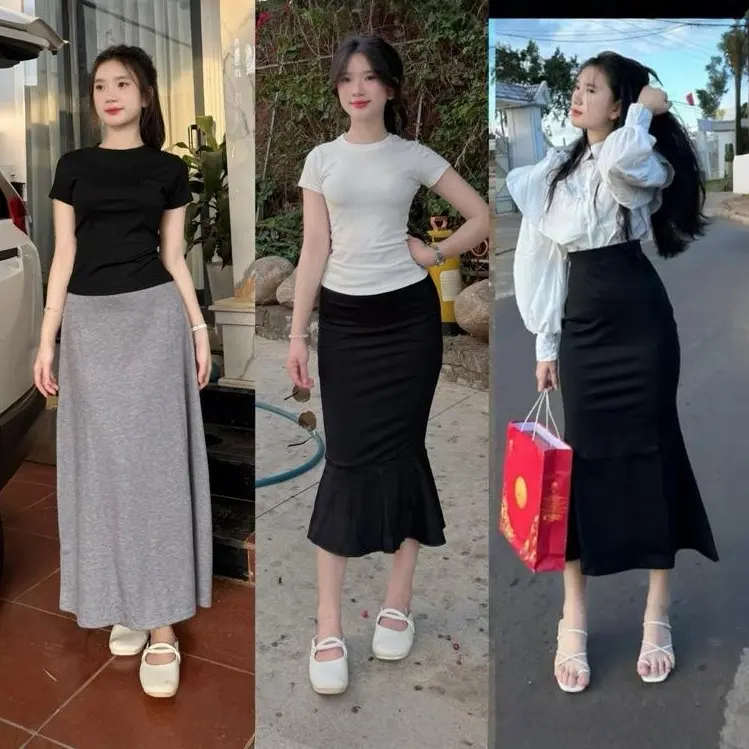 Chân Váy Đuôi Cá Dáng Dài Ôm Body Đen, Vải Bozip co giãn dày dặn