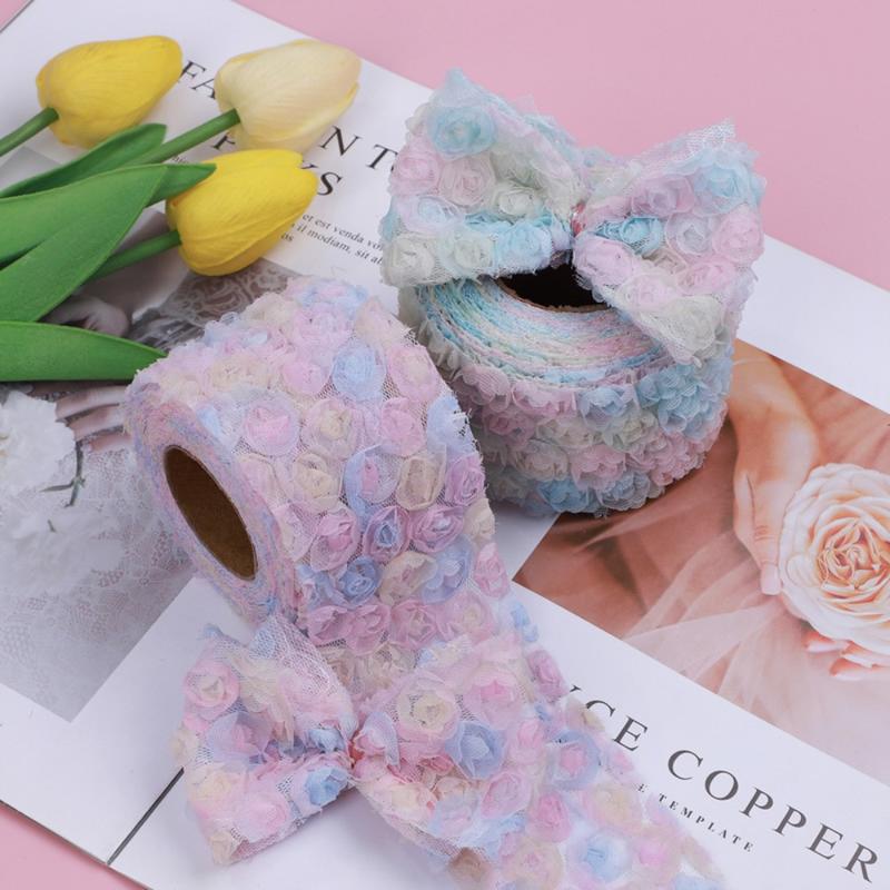 New DIY Rose Lace Applique Chiffon Gradient Color Trim Ribbon 6cm Flower Embroidered Costume Headdress 1