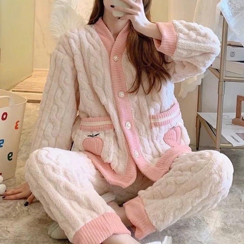 BL09 SIZE M.L.XL Bộ Đồ Lông Giữ Nhiệt Bộ Lông Đào Hồng EVANA Bộ Ngủ Nữ Lông Xoắn Siêu Ấm Quần Áo Lông Ủ Kem Women Nho Voi Hồng