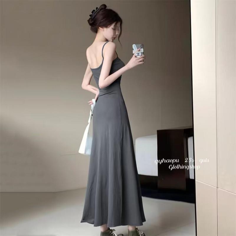 Product Introduction of Summer Dress Hot Girl Elastic Strap Dress Women Sleeveless Off-Shoulder Waist-Cinching One-Shoulder Base Long Dress 18