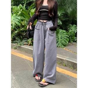 Quần kẻ caro đen trắng mùa xuân thu cho nữ Thiết kế ren ở cạp Quần ống suông Thiết kế độc đáo Phối màu quần dài phong cách thường ngày