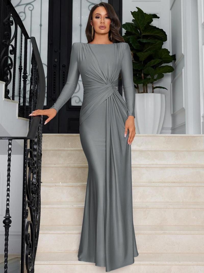 Product Introduction of Women's Plain Twist Boat Neck Dress, Elegant Long Sleeve Maxi Dress for Party Club Dating Wear, Women's Clothing for Spring & Fall 4
