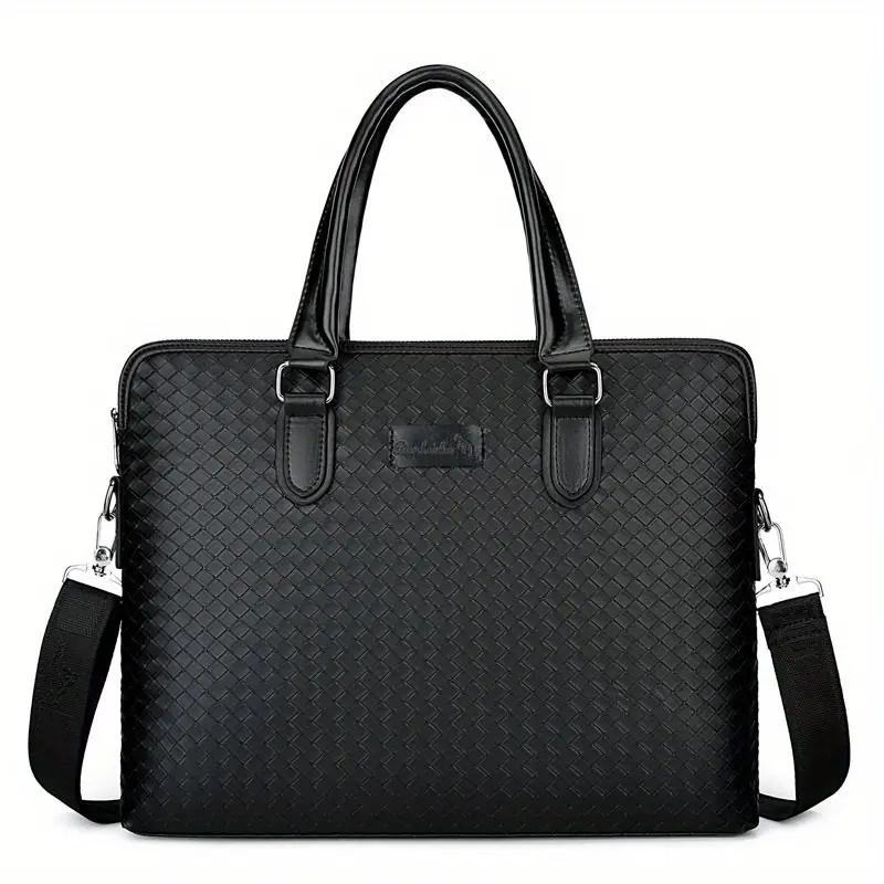 Men's Business Casual PU Leather Woven Briefcase Laptop Bag - Large Capacity with Multiple Compartments, Adjustable Shoulder Strap & Top Handle, Sleek Black for Office, Travel, Everyday Use, Computer Laptop Carry Bag, Durable Woven Texture 3
