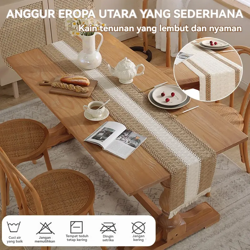 Table Runner Taplak Meja Panjang Bahan Premium Rajut Bendera Meja Katun Linen Taplak Meja Panjang Rumbai Senada Warna Premium Rajut Style 3
