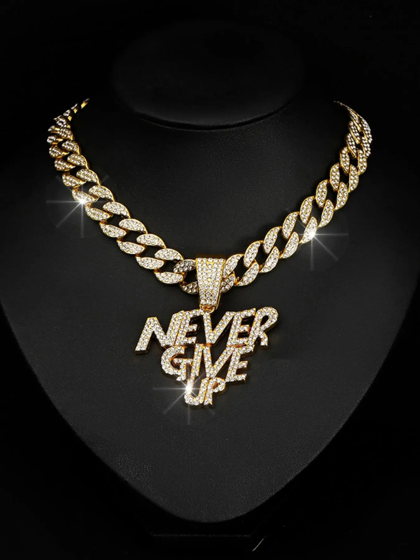 Full Rhinestone Decor Pendant Necklace, 1 Set Letter Never Give up Charm Chunky Necklace for Men & Women, Hip Hop Trendy Jewelry
