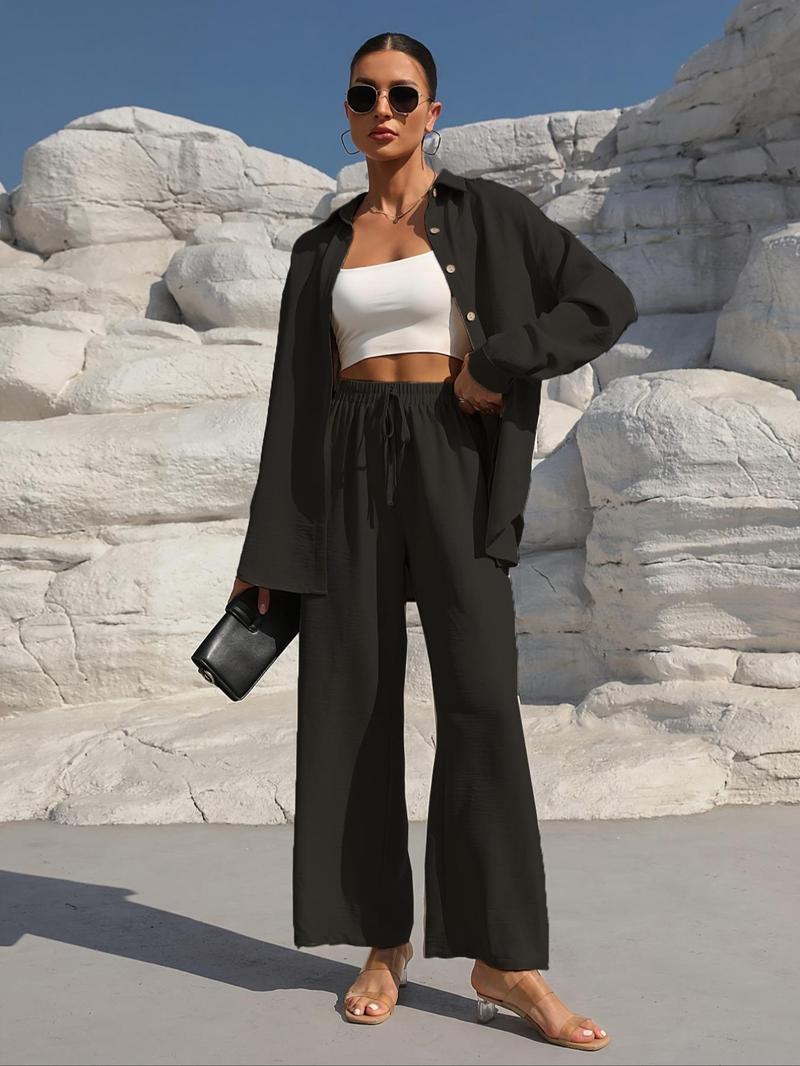 Product Introduction of WOMEN'S solid button front shirt & tie front wide leg pants two-piece set; casual drop shoulder long sleeve top & high waist settee 2 piece set for spring & Fall, WOMEN'S lounge clothes for daily wear 2