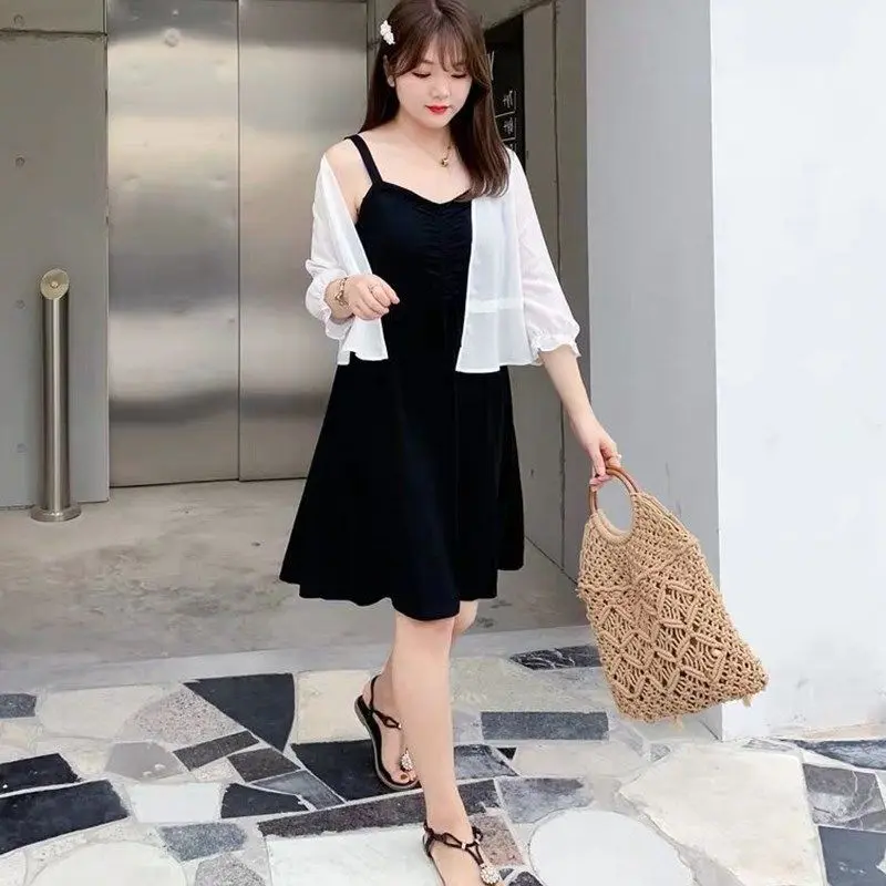 2024 Summer New Suspender Black Dress Two-Piece Set Chubby Girl's Dress Cover Belly Slim Versatile Sun Protection Clothing plus Size