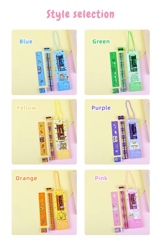 Product Introduction of 5Pcs/Pack Cute Cartoon Pencil Set with Ruler Eraser Sharpener School Students Stationery Supplies 5