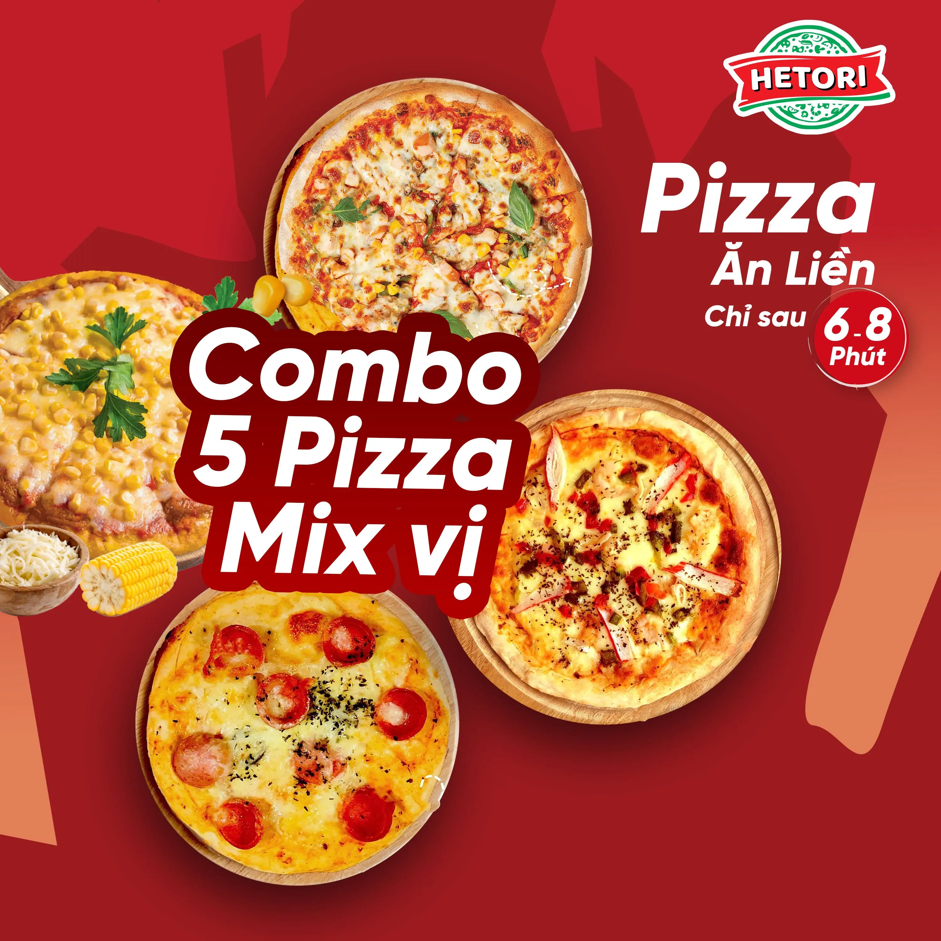 [Miền Nam/Tây Nguyên] COMBO 5 Pizza HETORI Nhiều Vị Tự chọn- Giòn Ngon, Nhanh Gọn, Thơm Ngậy