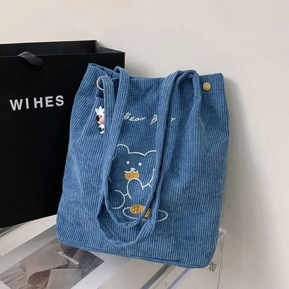 Fashionable Kawaii Corduroy Women's Bag Reusable Bear Embroidered Women Shoulder Bag Foldable Lightweight Shopping Handbag Students