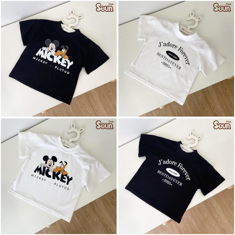 Áo thun bé trai bé gái in hình mickey và chữ SEUNKIDS trắng đen áo phông