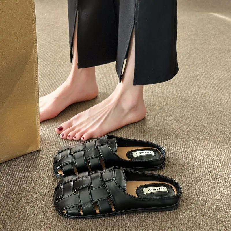 Office Slippers Women's Summer Outdoor Wear Slip-on 2024 New Closed Toe Roman Half Slippers All-Match Casual Muller Sandals
