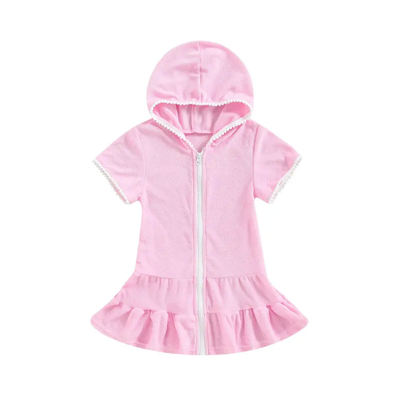 Váy Bơi Cho Bé Gái, 2-10 Tuổi, Bộ Đồ Tắm Terry, Che Mặt, Tay Ngắn, Zip Up, Váy Đi Biển Cho Trẻ Em 0