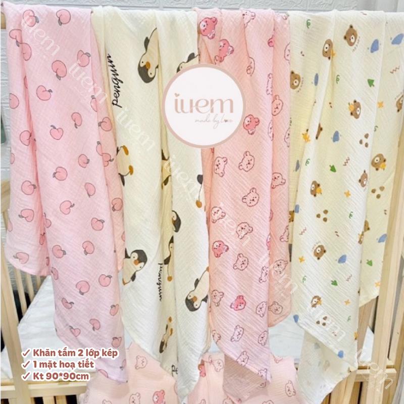 iuem khăn tắm xô muslin 2 lớp 1 mặt hoạ tiết cho bé từ sơ sinh, khăn tắm đa năng, khăn quấn kén mềm mát, thoáng nhẹ và thấm hút tốt 88*90cm (kích thước +-2cm)