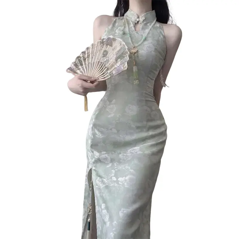 Đầm Ôm Sát Cổ Yếm Cổ Yếm Không Tay Cạp Bó Sát Phong Cách Quốc Gia Phong Cách Trung Quốc Mới , Váy Sườn Cheongsam, Dành Cho Nữ Women Dress