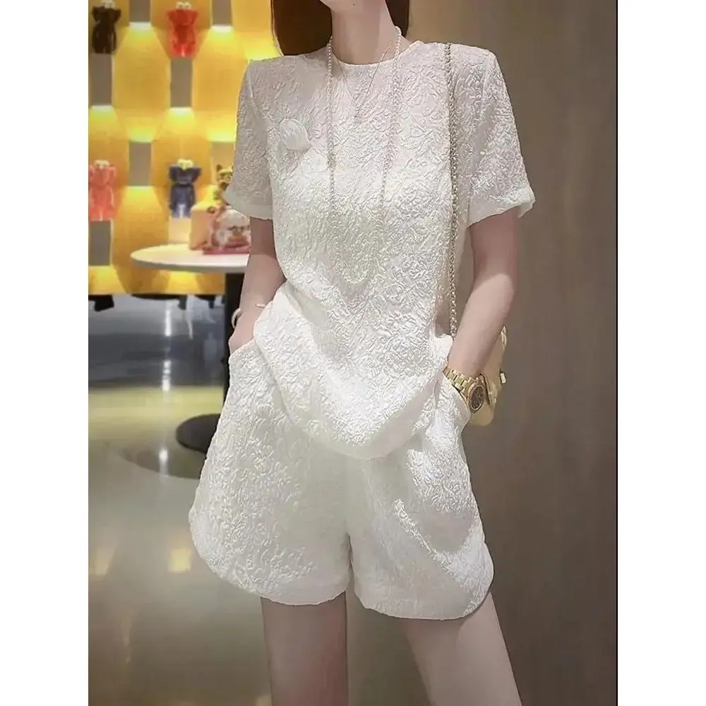 Classic Style High-Grade White Casual Suit Women's Summer Celebrity Style Short-Sleeved Wide-Leg Shorts Two-Piece Suit Fashionable Stylish