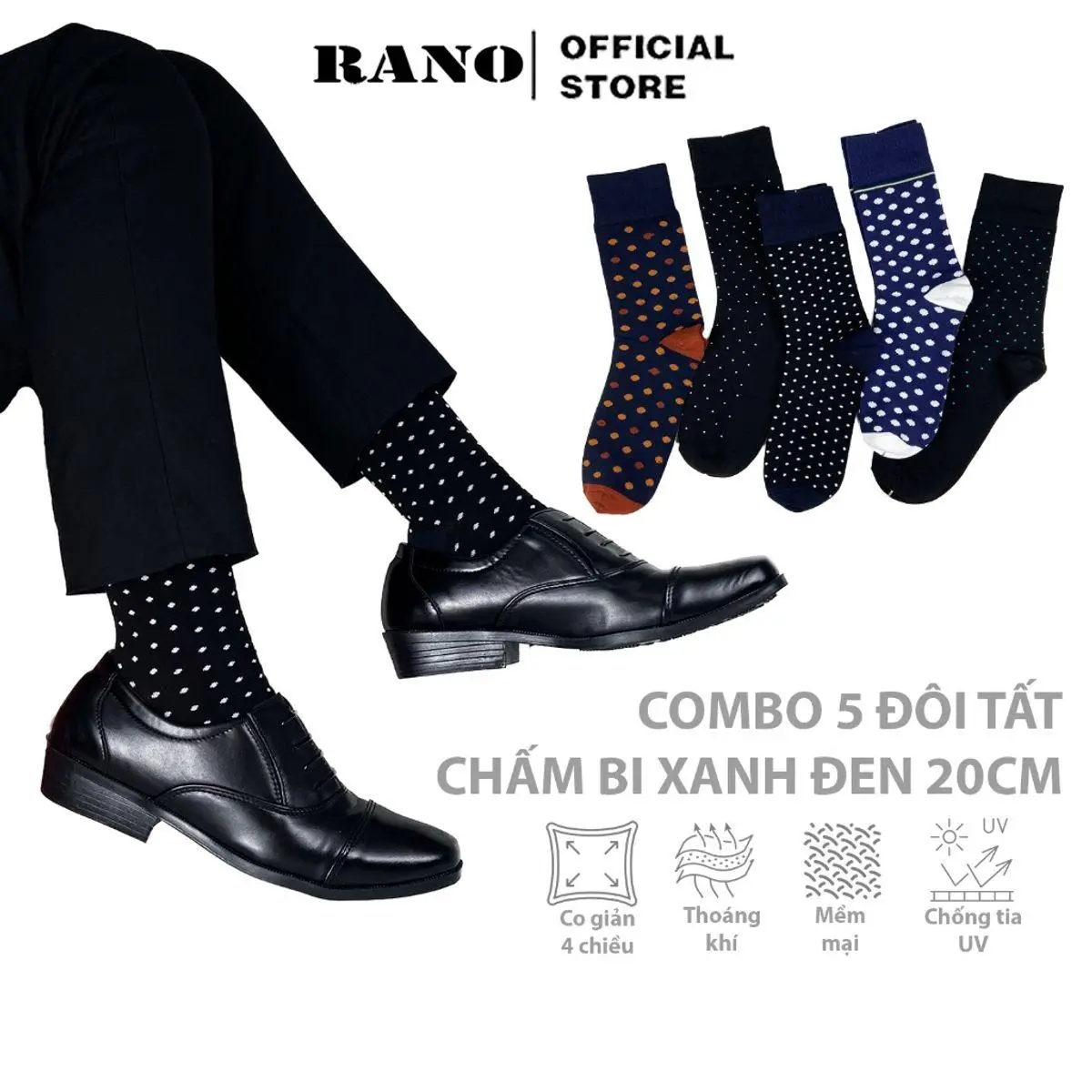 Combo 5 đôi tất nam cổ cao cotton 20cm mang giày tây họa tiết chấm bi cao cấp RANO thoáng khí co giãn 4 chiều thấm hút Menswear Nhung