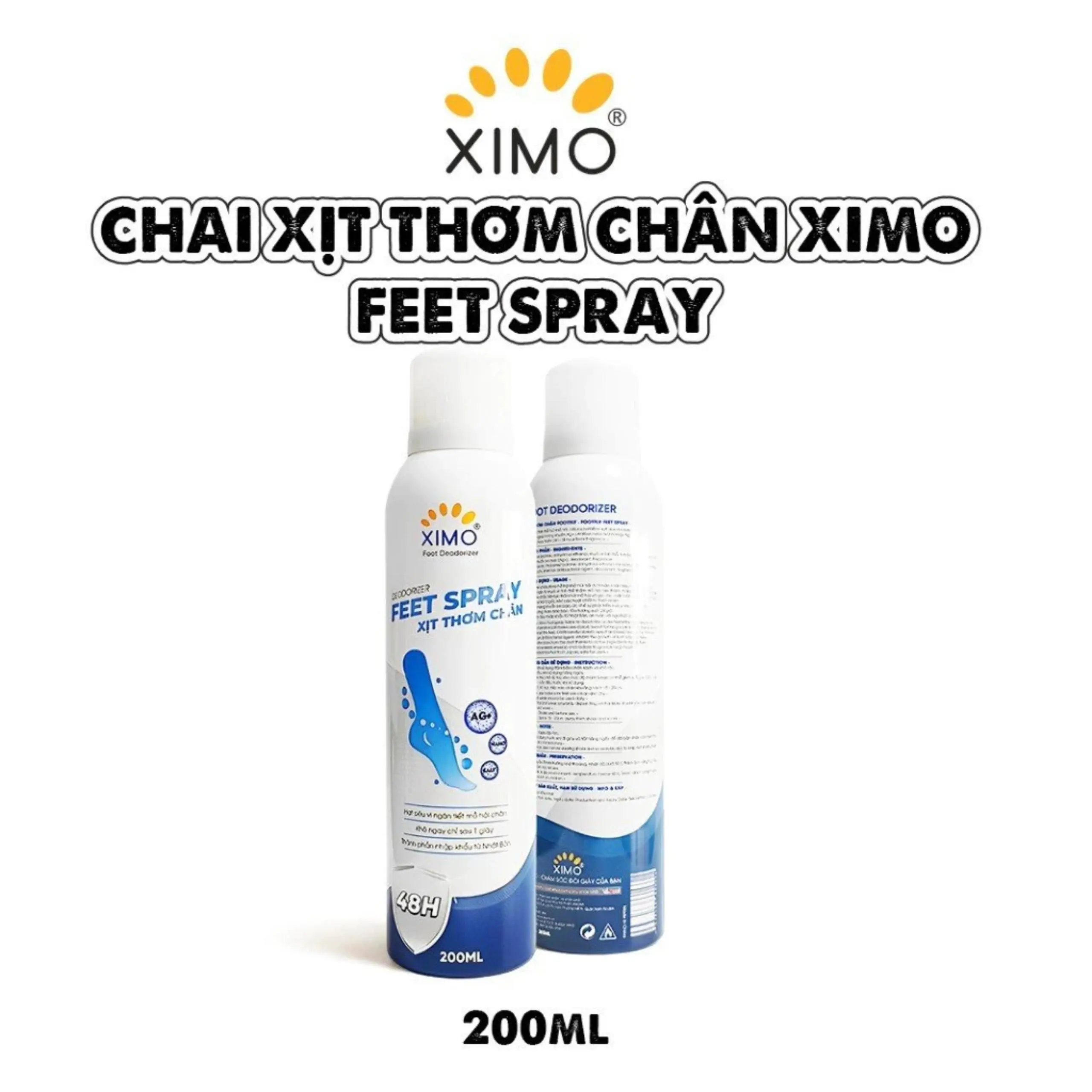 Xịt Thơm Chân Ximo 200ml ,  Hai Trong Một Công Nghệ Mới Kết Hợp Cả dạng Khí và dạng Bột, Bình Xịt Khử Mùi Hôi Chân, Tất ,Giày Giúp Lưu Hương Thơm Cả Ngày