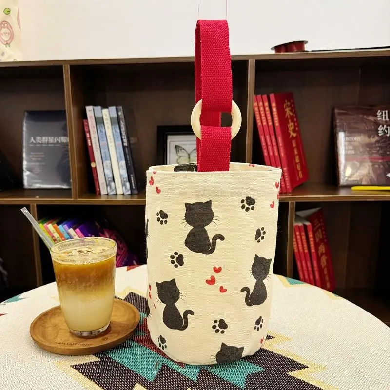 Túi vải canvas đựng bình ly giữ nhiệt có quai xách cute, Túi đựng bình hoạ tiết hoạt hình gấu trúc xinh xắn 4