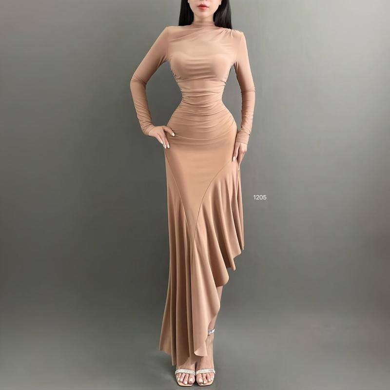 ĐẦM ÔM BODY THUN LAZONG DÁNG DÀI VẠC XÉO HAI MÀU NUDE Nữ Women VÀ ĐEN Nhung Dress Voan Kem