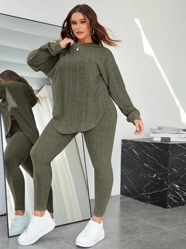 Plus Size Two-Piece Set Solid Split Hem Hoodie & High Waist Skinny Pants Set, Casual Fashion Drop Shoulder Long Sleeve Top & Trousers, Women's Two-piece Outfits 4