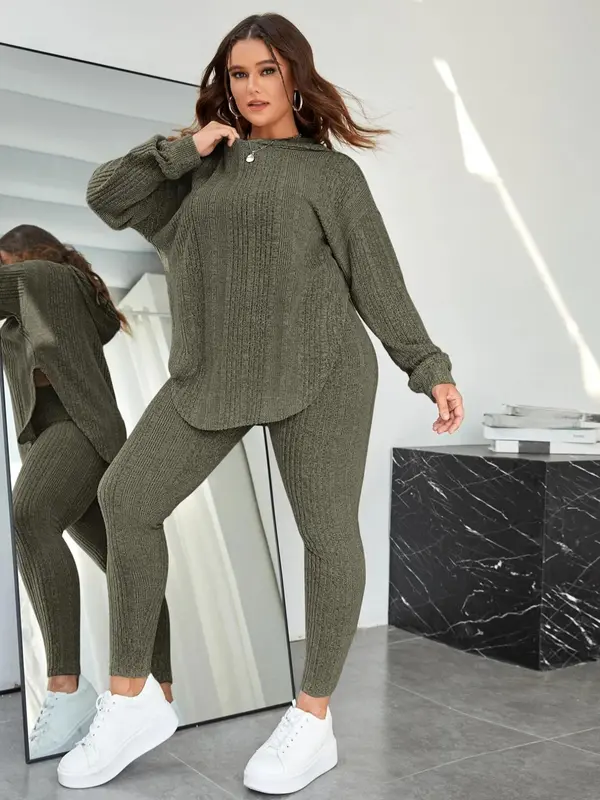 Plus Size Two-Piece Set Solid Split Hem Hoodie & High Waist Skinny Pants Set, Casual Fashion Drop Shoulder Long Sleeve Top & Trousers, Women's Two-piece Outfits 4