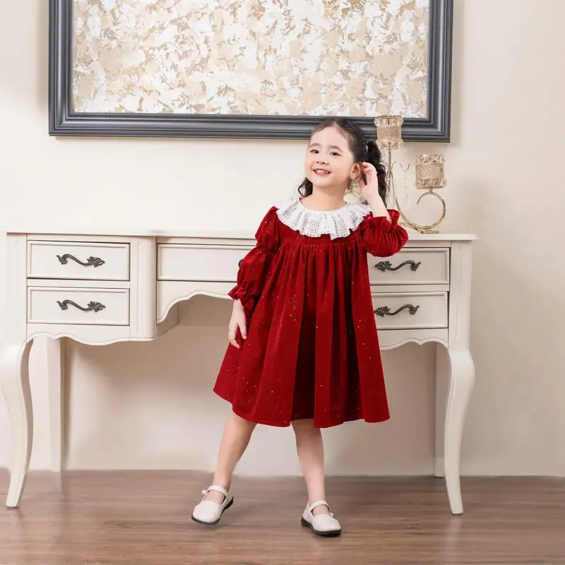 Váy nhung nhũ màu dỏ phối ren trắng cổ cho bé gái từ 10-40kg 0