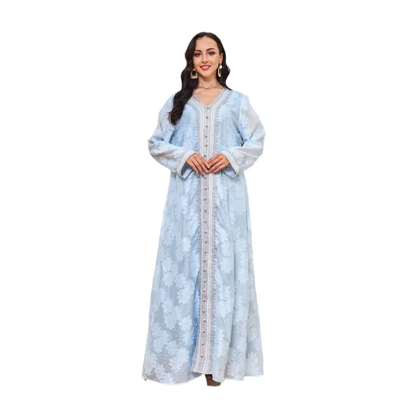 2025V Collar Temperament Dress Middle East Jacquard Rhinestone Silver Lace Robe Abaya 4