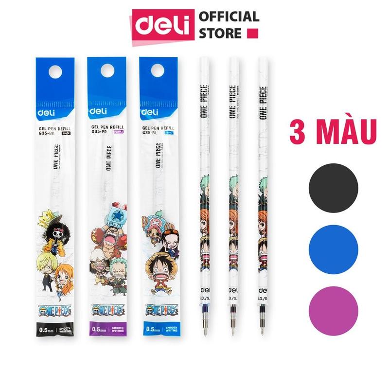 Combo 5 chiếc Ruột bút Gel Deli - 3 màu Xanh, Đen, Tím - 1 Chiếc - Ngòi 0.5mm - Hình One Piecemực trơn đều, khô nhanh