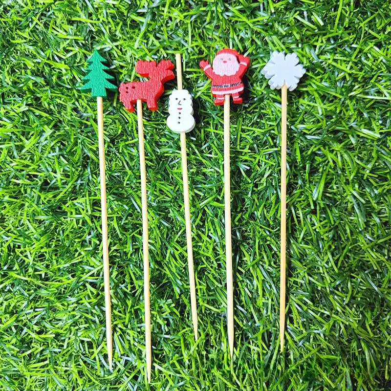 Dụng Cụ Nhọn Trái Cây Giáng Sinh, Tăm Tre Dùng Một Lần, Tăm Bông Hình Bông Tuyết, Cây Giáng Sinh, Ông Già Noel, Người Tuyết, Đồ Dùng Dùng Một Lần, 50 Cái / túi 6