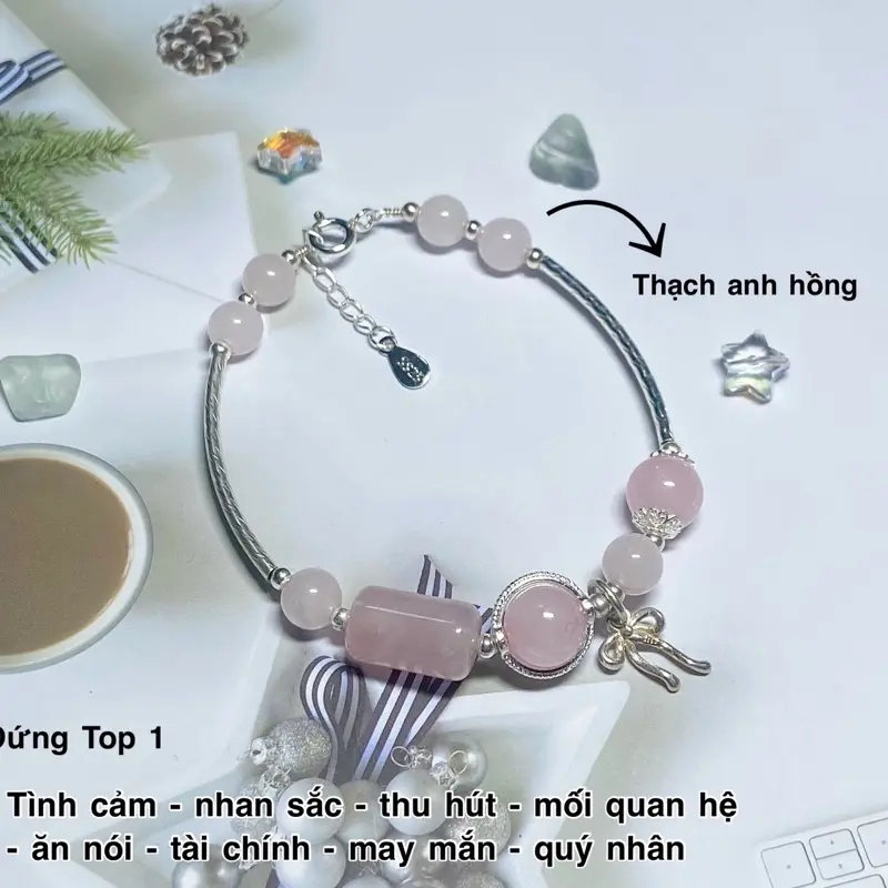 Vòng tay Lona Gems S925 mix đá thạch anh hồng thiên nhiên cao cấp năng lượng 0