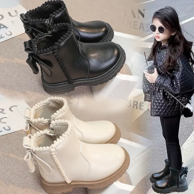 Sz26-36 [ƯU ĐÃI] Giày boot cho bé gái, phối nơ dễ thương, chất da mềm, khoá kéo bên hông tiện lợi 820