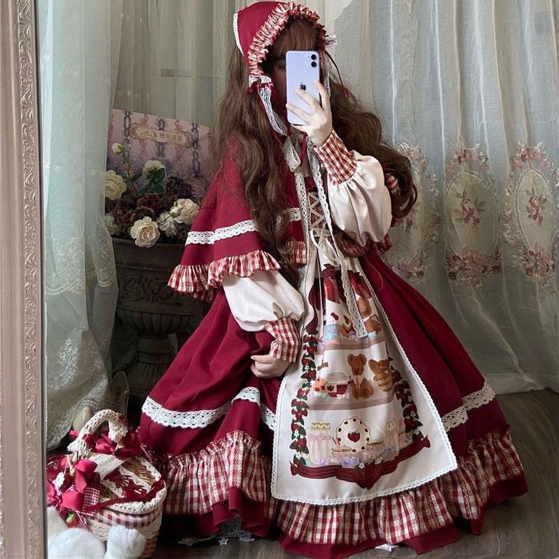Product Introduction of Váy Lolita, Cô Gái Quả Mọng Lolita Mũ Đội Đầu Nhỏ Màu Đỏ, Bộ Sưu Tập Xả Hàng, Váy Phong Cách Nhật Bản, Váy Lolita, Trọn Bộ Cho Trẻ Em Lớn Hơn 6