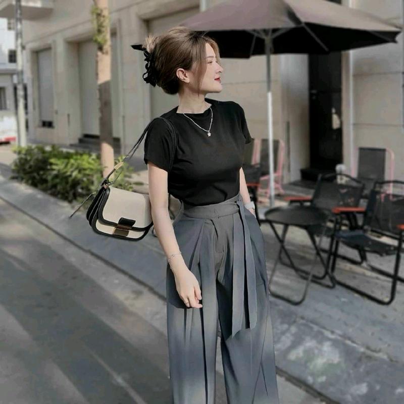 Sét bộ thời trang nữ sang chảnh mặc đi chơi áo tăm gân cổ tròn tay ngắn mix quần ống rộng siêu xinh qc Women Top 2