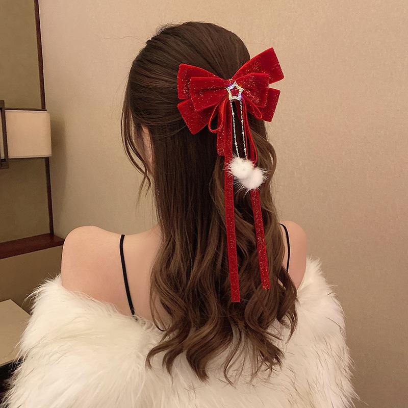 Product Introduction of Baby Costume Jewelry New Year's celebration red big bow gold velvet star hair clip hair accessory hair ball tassel headband top clip women autumn and winter 2