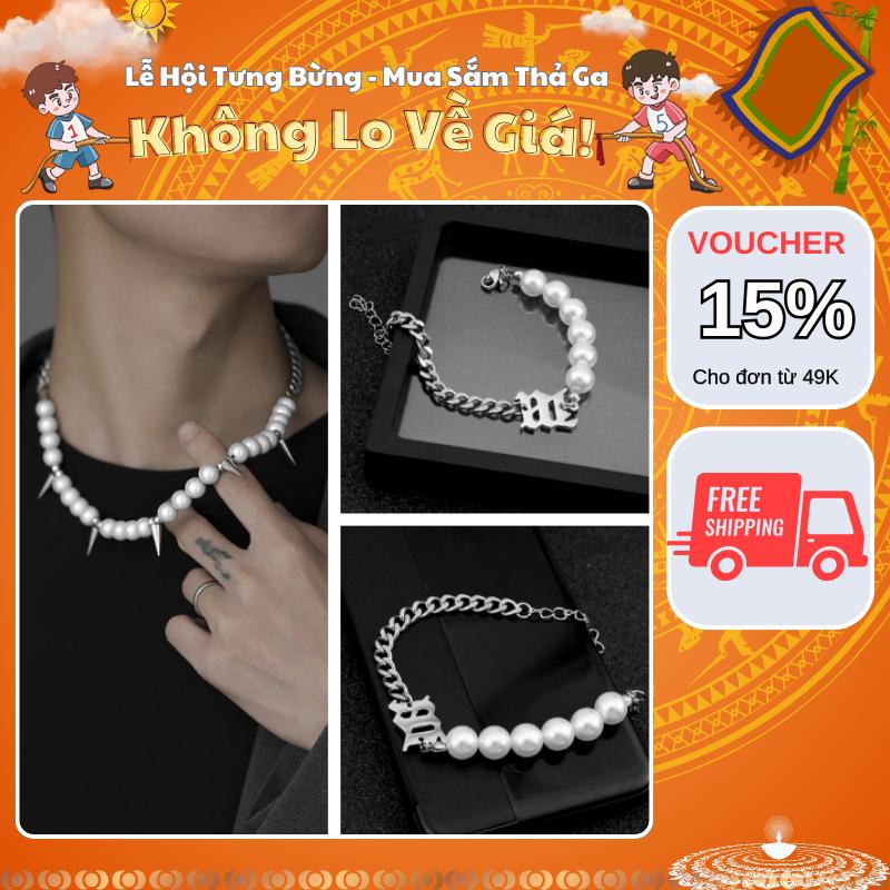 [Mua Là Thích, Không Thích Hoàn Tiền] Combo Vòng cổ ngọc trai Vòng tay Ngọc Trai unisex phong cách cá tính Kuu Clothes không gỉ màu trắng dễ phối đồ - Vòng Cổ Kone + Vòng Tay Chữ M