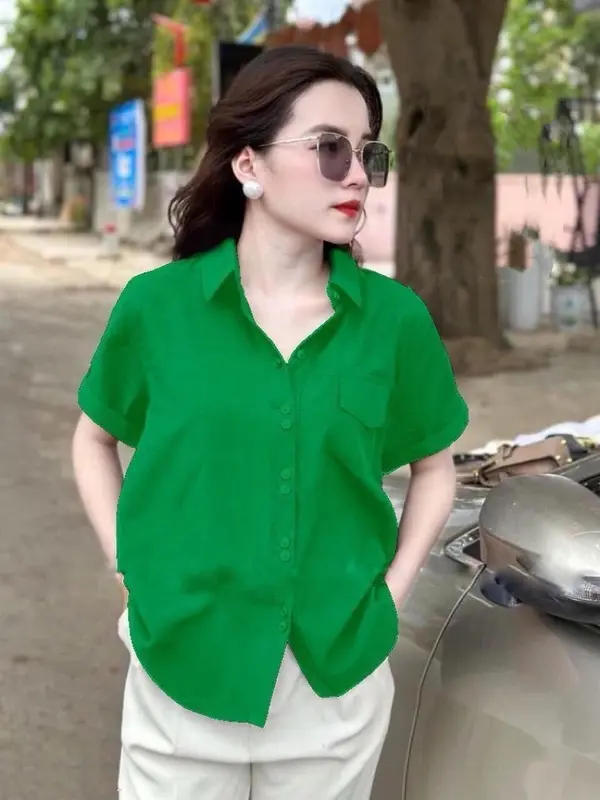 Áo Sơ Mi Cộc Tay Nữ,Chất Vải Đũi Tơ Mềm Mát Thấm Hút Mồ Hôi,kiểu Dáng Trẻ Trung Sang Trọng - V40. Women Top 2